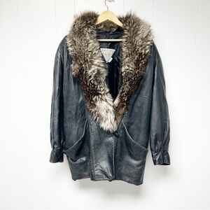 VTG Marvin Richards Black Leather Jacket with Faux Fur Trim Large *FLAW*